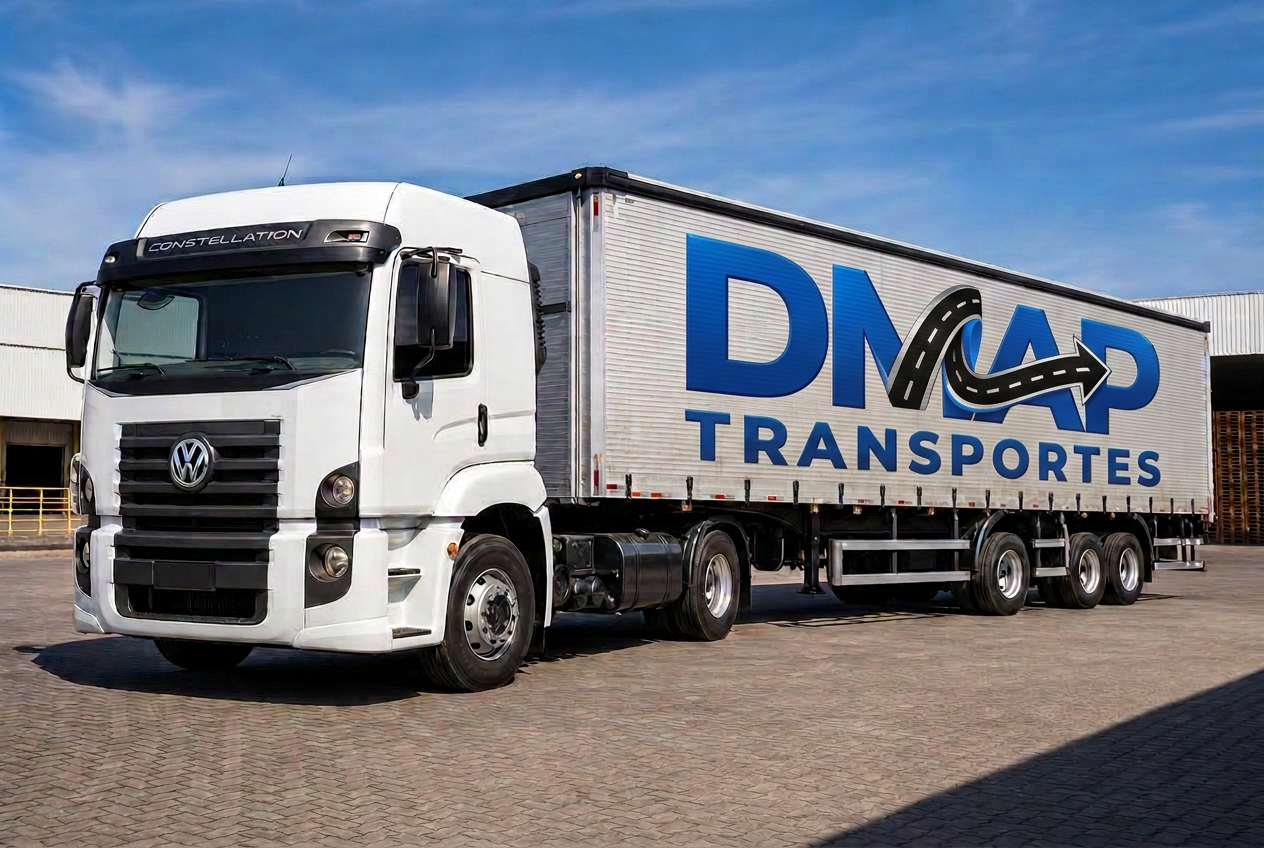 Cavalo mecânico Volkswagen Constellation branco com marca DMAP manobrando carreta sider