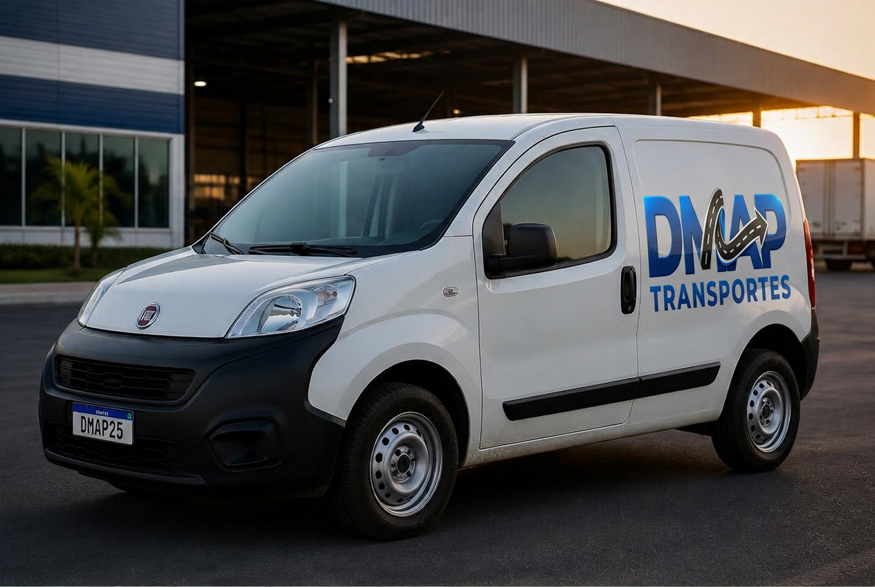 Fiorino branca com marca DMAP Transportes em pátio logístico