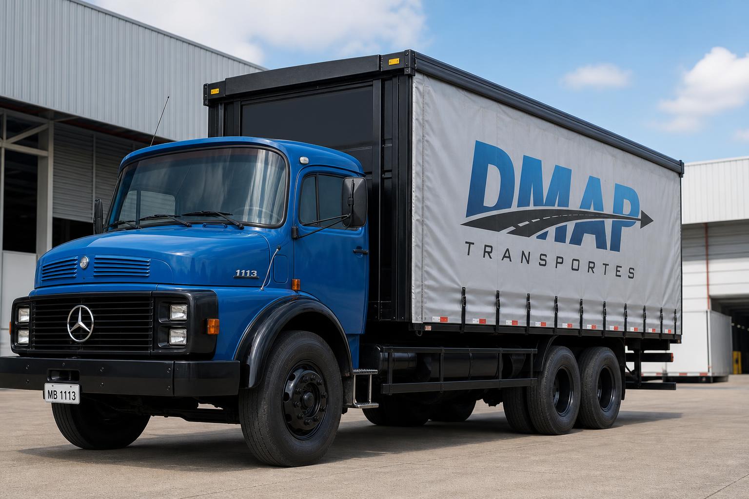 Caminhão Mercedes-Benz MB 1113 azul 6x2 com carroceria sider lona e marca DMAP Transportes