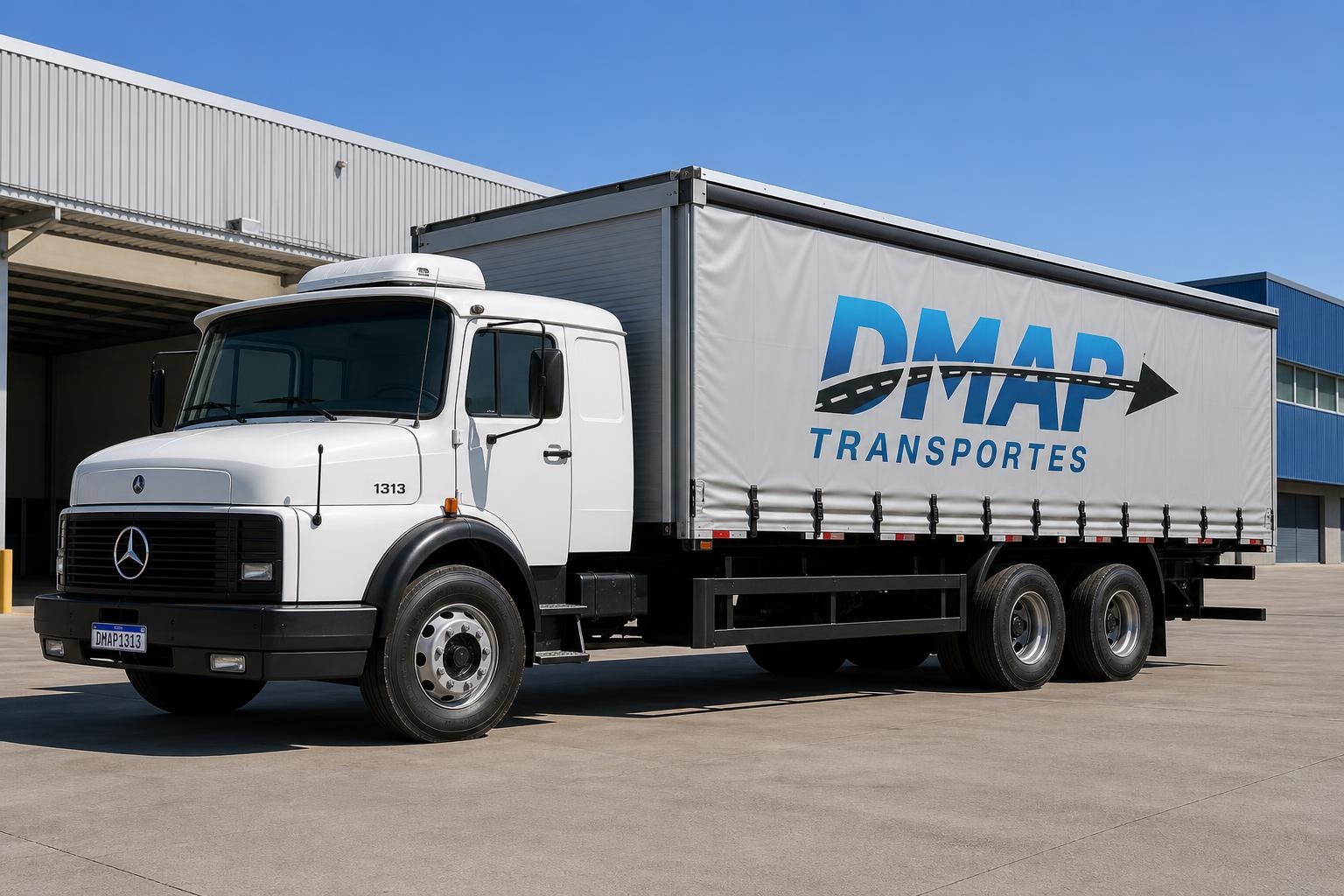 Caminhão Mercedes-Benz MB 1313 com carroceria sider lona e marca DMAP Transportes