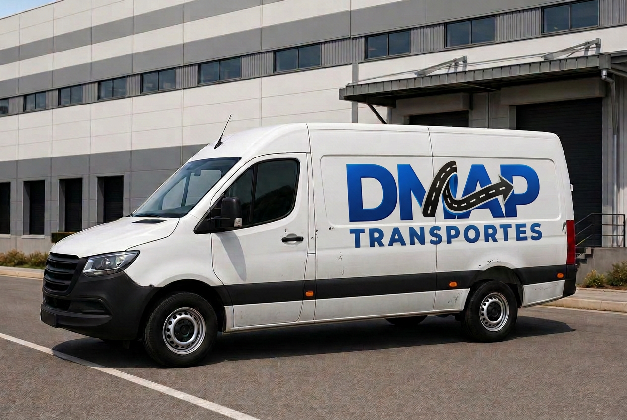 Van de carga branca com marca DMAP Transportes em pátio logístico