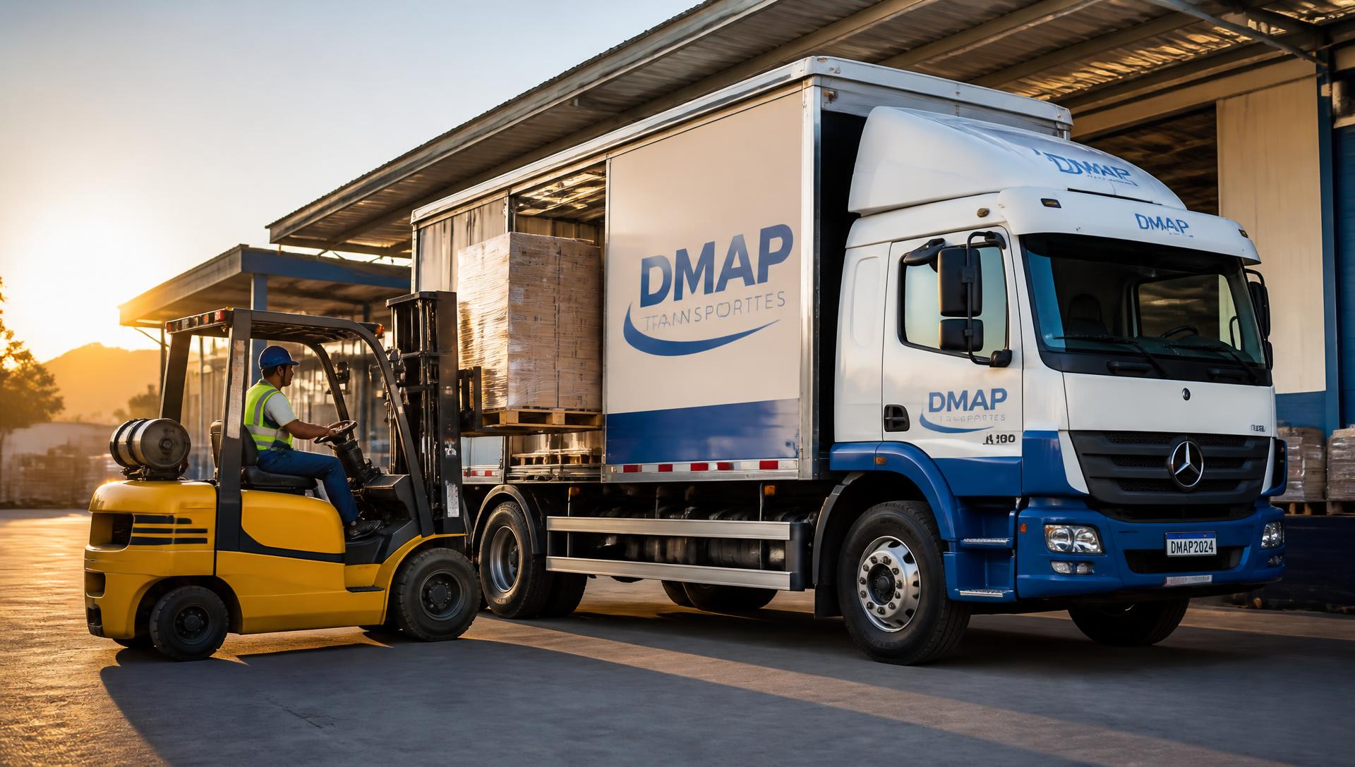 Empilhadeira carregando caminhão DMAP Transportes em pátio logístico